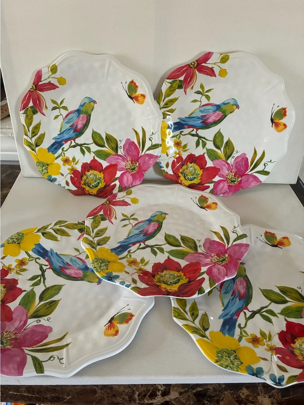 Pier 1 Floral & Blue Bird Dinner Plates Melamine - Multicolor Set of 5